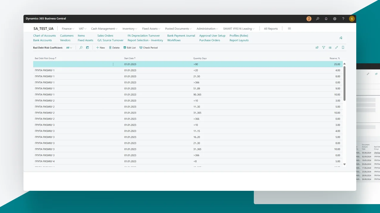 დებიტორული დავალიანების საეჭვო თანაფარდობის კონფიგურაციის ფანჯრის მაგალითი