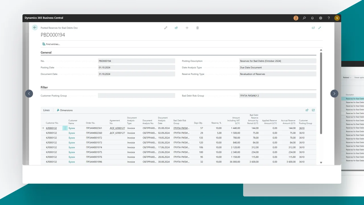 Example of an accounting entry for the provision of doubtful debts on receivables