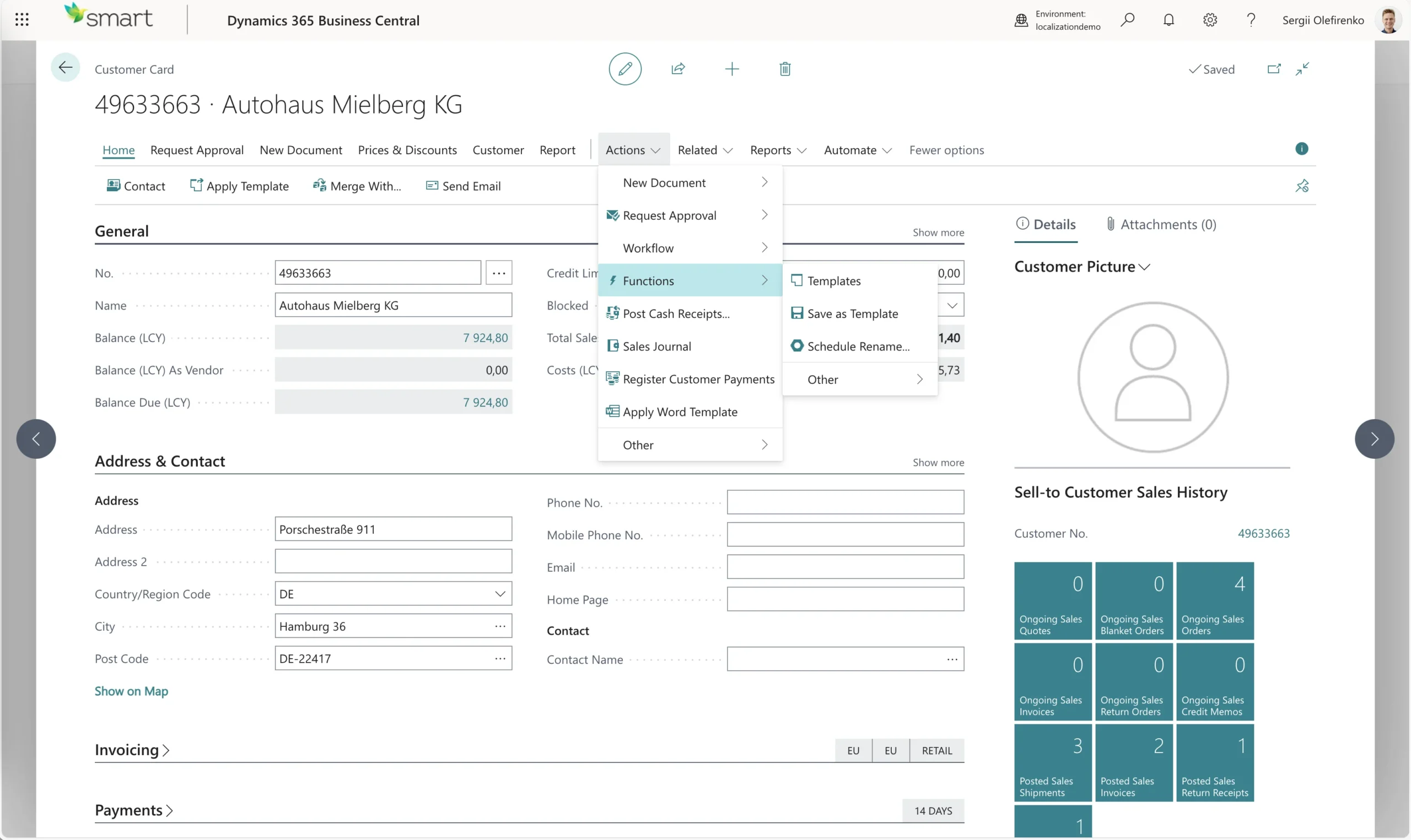 1 new action on standard master data cards