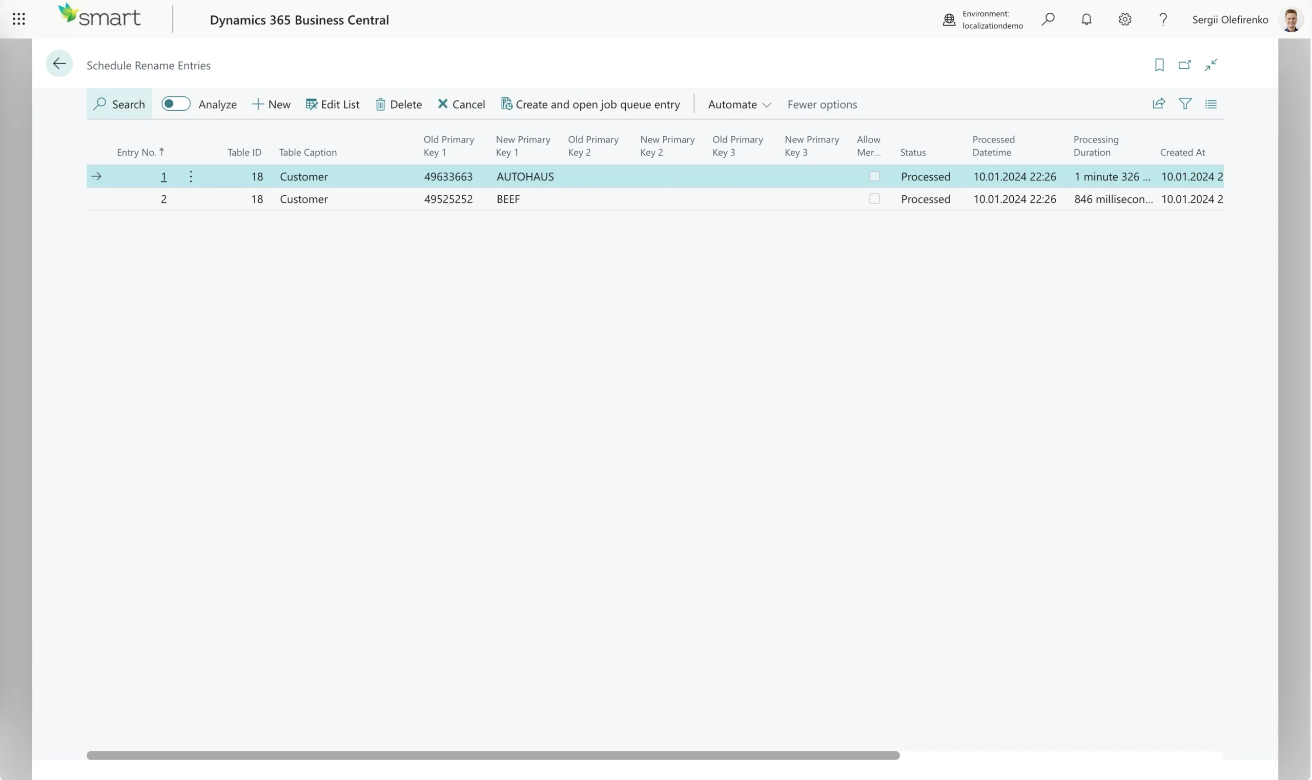 3 process entries, the page is editable to allow batch entry