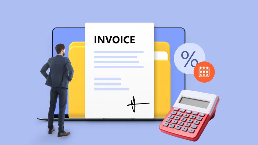 მამაკაცი უყურებს ლეპტოპს ფოლდერით და გადახდის ინვოისით; ლეპტოპის გვერდით არის პროცენტული ნიშანი, კალენდარი და კალკულატორ