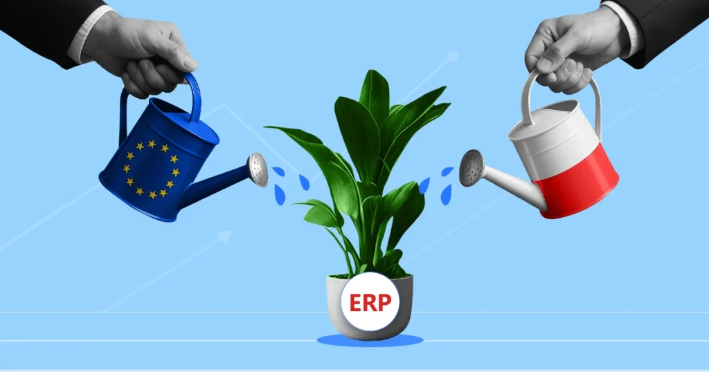 Two watering cans with the flags of the European Union and Poland water a plant with the inscription ERP
