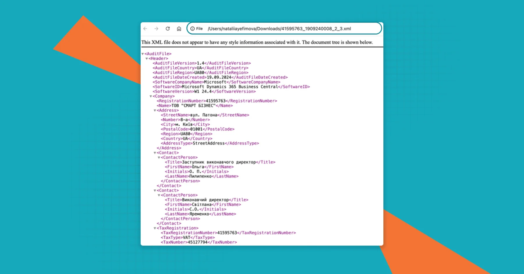 Приклад сформованого файлу SAF-T UA в форматі XML