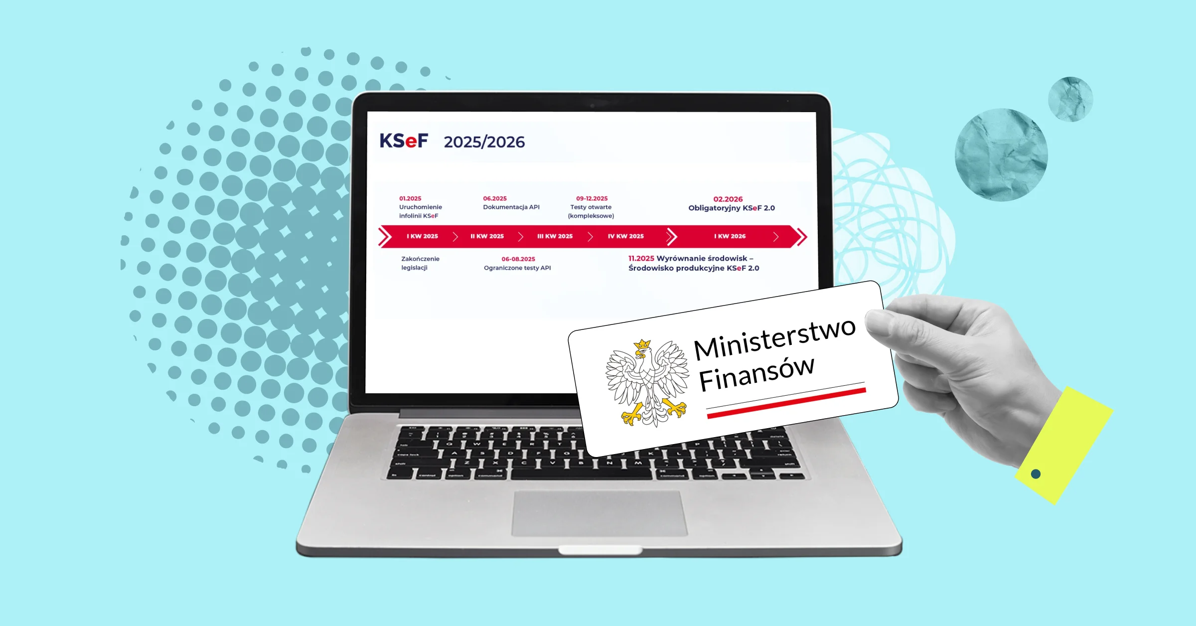 interfejs KSeF i logo Ministerstwa Finansów Зображення ноутбука з інтерфейсом KSeF та лого Міністерства Фінансів Польщі