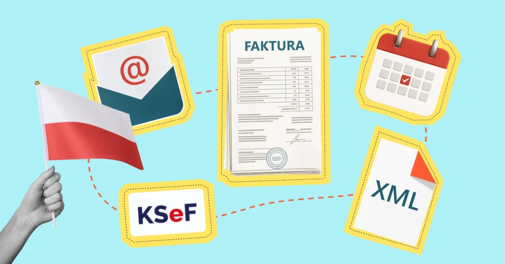 Схематичне зображення основних елементів KSeF: е-фактури, документу формату XML тощо