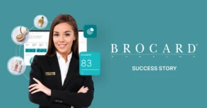An image of a smiling BROCARD consultant against a background with the words “Success story”.
