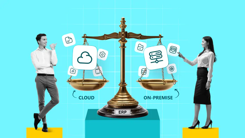 მამაკაცი და ქალი დგანან სასწორის გვერდით, რომლის ერთ მხარეს